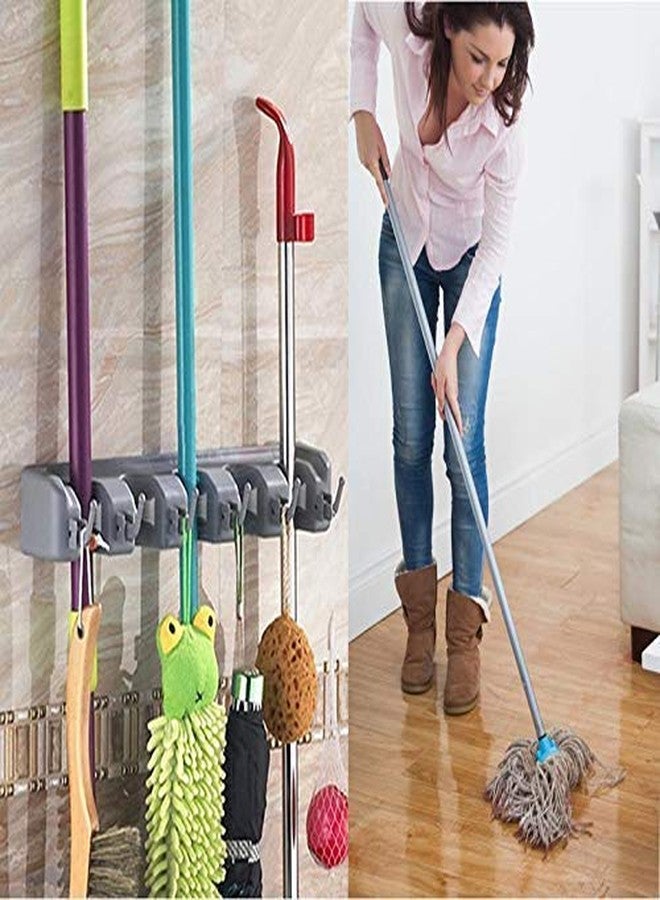 SKYLIT Multipurpose Wall Mounted Magic Mop and Broom Holder Organizer Storage 5 Slots with 6 Inbuilt Hanging Hooks for Kitchen; Garden Mop Broom for Home, Bathroom, Well Stand (Plastic-Color-Grey) - Image 3